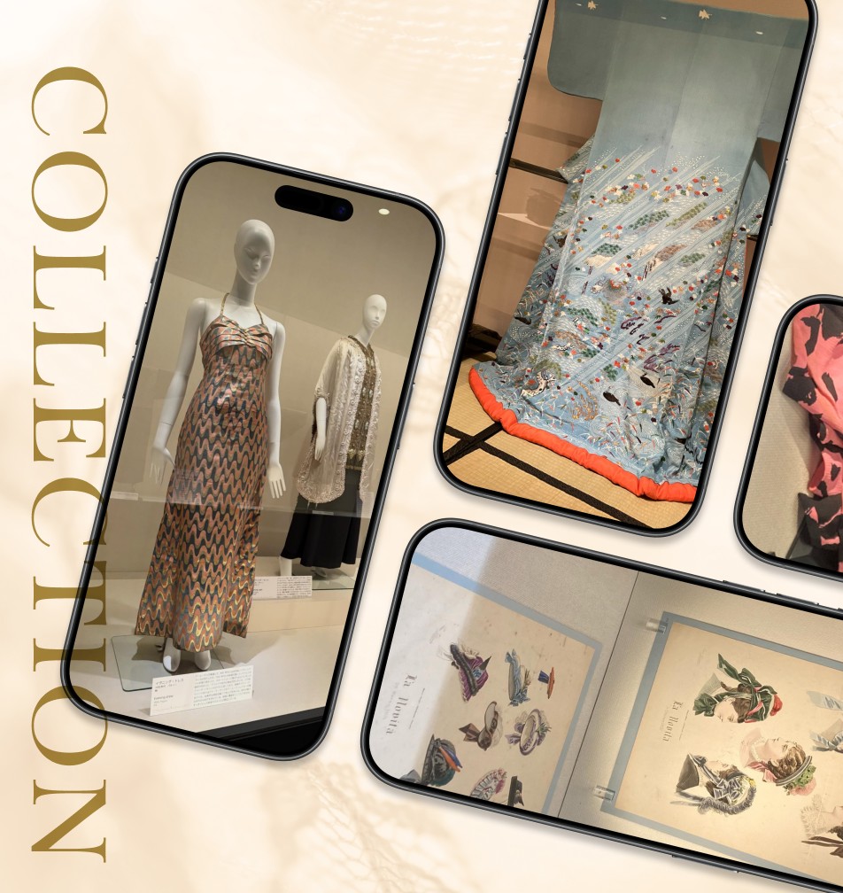 スマートフォン画面に所蔵品の写真が並ぶコラージュ。左にCOLLECTIONの縦書き。
